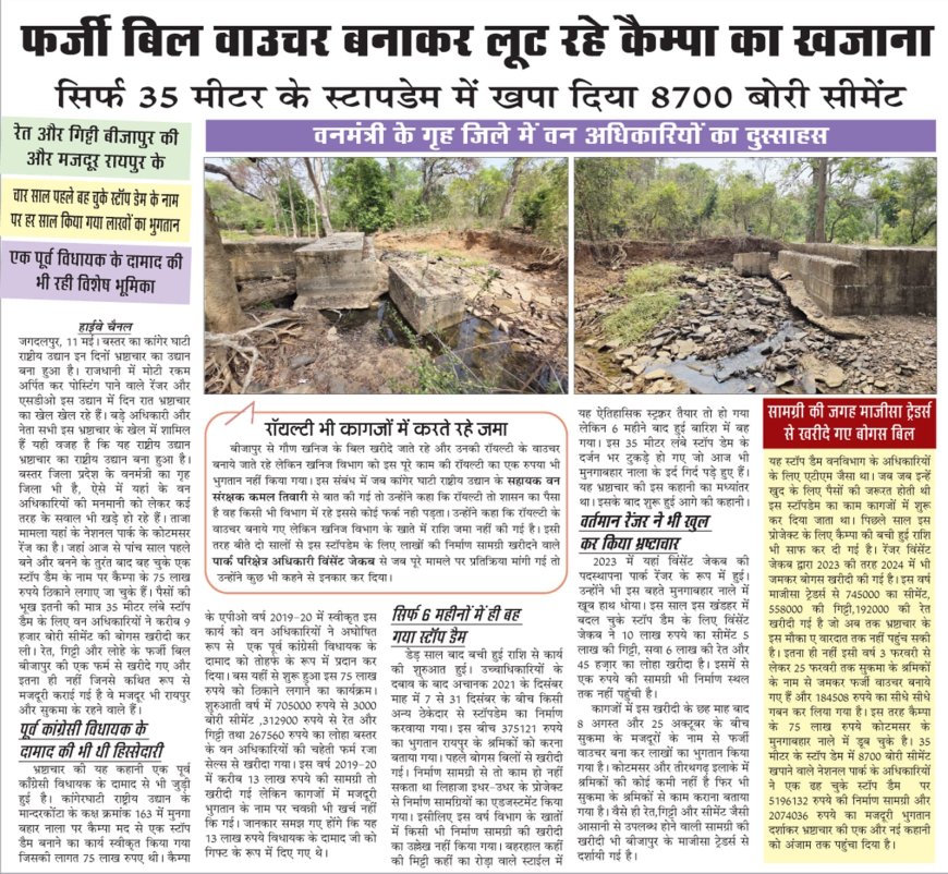 कांगेर घाटी में 75 लाख का कैम्पा घोटाला उजागर , सिर्फ 35 मीटर के स्टापडेम में खपा दिया 8700 बोरी सीमेंट