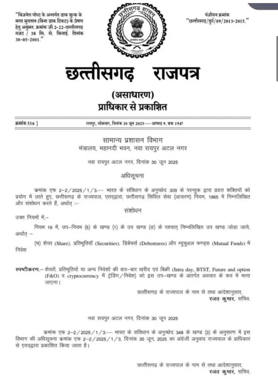 CG News: अब छत्तीसगढ़ के सरकारी कर्मचारी कर सकेंगे शेयर व म्युचुअल फंड में निवेश, इन गतिविधियों पर बनी रहेगी रोक….